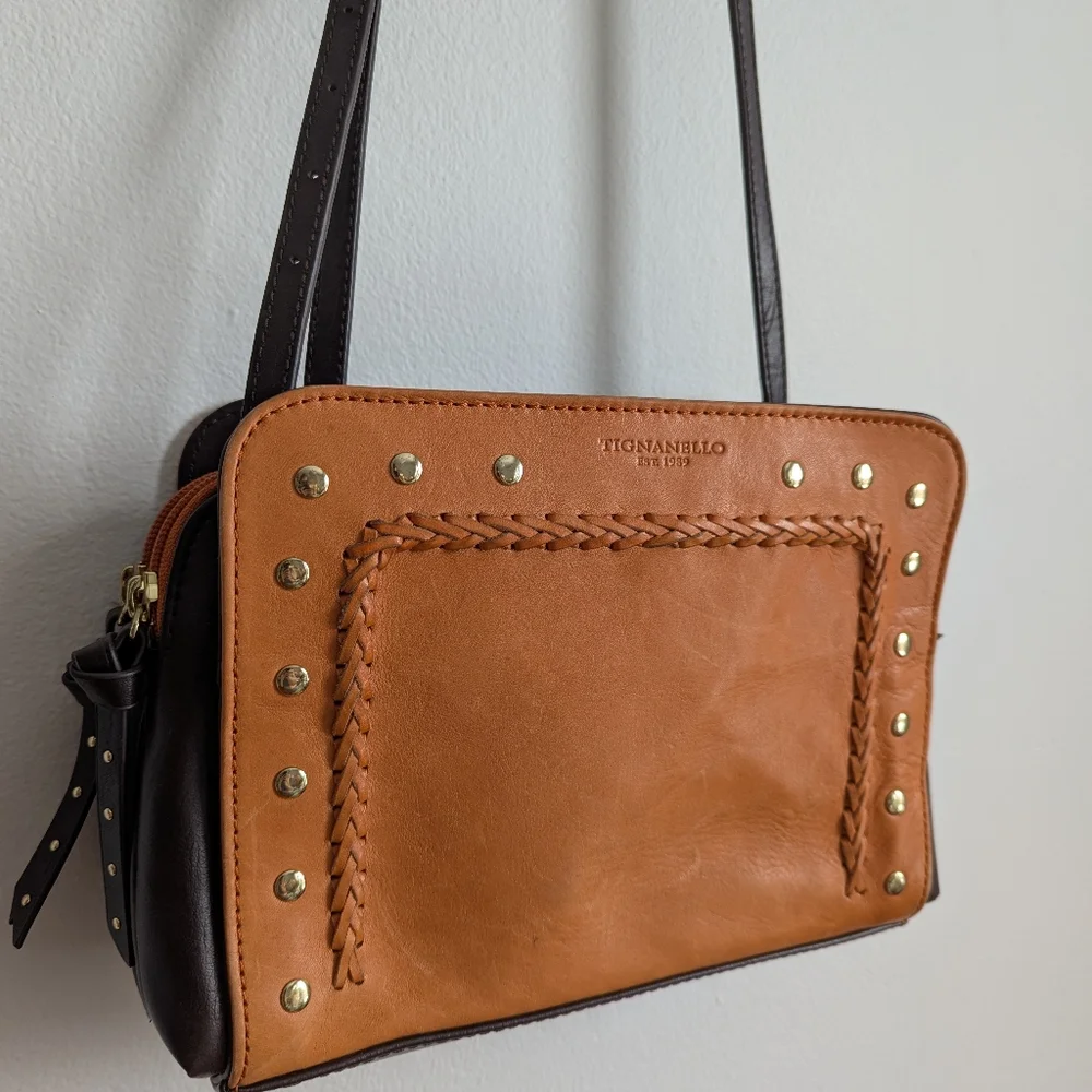Tignanello Vintage Leather Mojave Crossbody Handbag Orange & Brown Studded